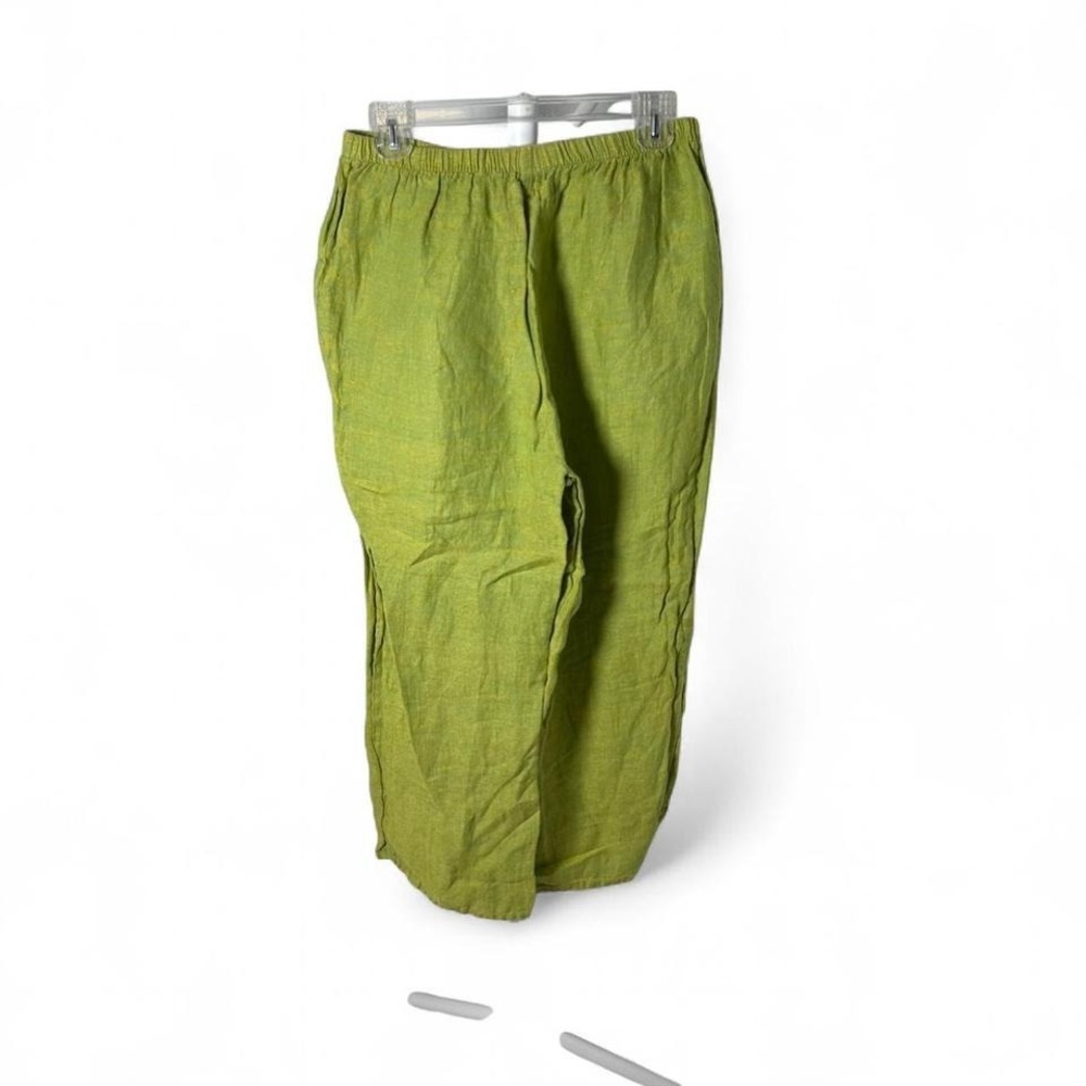 Flax Pants Womens small lime Green Linen Wide Leg Pull On Crop Pockets Relaxed - Picture 2 of 4